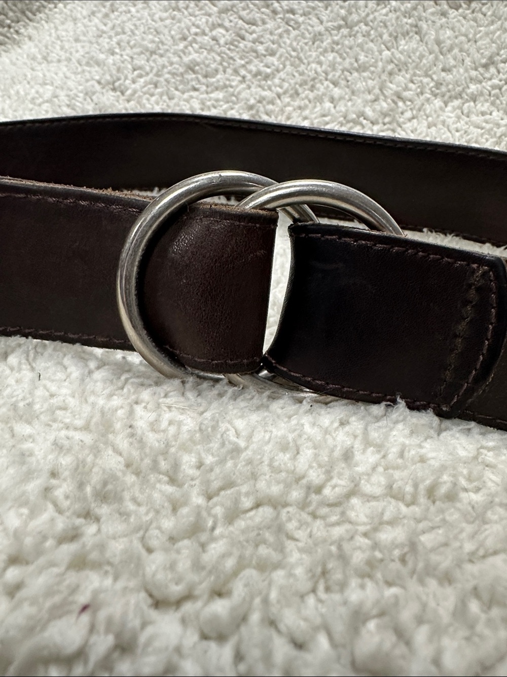 Thick Brown Cowhide Leather Belt, Silver Tone Double Ring  Belt, Made in USA, M